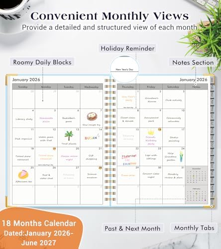 Academic Planner 2026-2027, Weekly and Monthly Hardcover Planner, July 2026 - June 2027, 5.75" x 8.38" A5 Large Daily Calendar Planner Book with Tabs, Spiral Yearly Agenda Organizer Notebook for School Work Home, Sky Blue