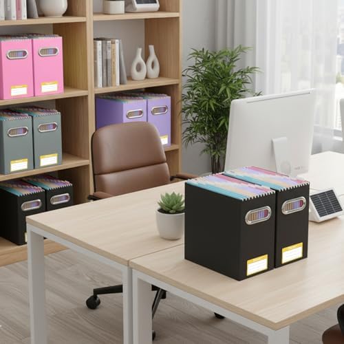 BALEINE 4PK File Organizer Box, Cardboard File Folder Organizer with Handle | Strong Corrugated Paper Core, Label Stickers for Identification, Hanging File Folder Organizer, Home Office Document Storage