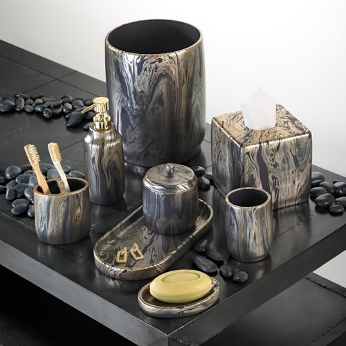 Nicole Miller - Bathroom Set, 4pc Resin Countertop Accessories, Multipurpose Home Decor, Dorm Room Essentials (Harper Collection, Black/Gold)