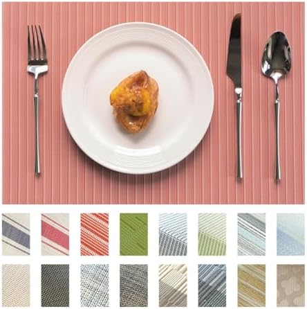 Placemats Set of 12 Vinyl/Plastic Woven Place Mats for Kitchen Table Indoor/Outdoor Washable Placemat Wipeable Dining Table Mats (Red Stripes,12)