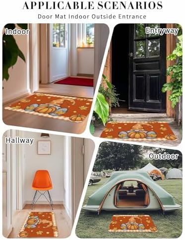 Fall Door Mat Pumpkin Gnome Doormat Maple Leaf Orange Buffalo Plaid Harvest Thanksgiving Welcome Mat Non Slip Rubber Entryway Front Rug Floor Mat for Indoor Outdoor Kitchen Autumn Holiday Decor 16x24