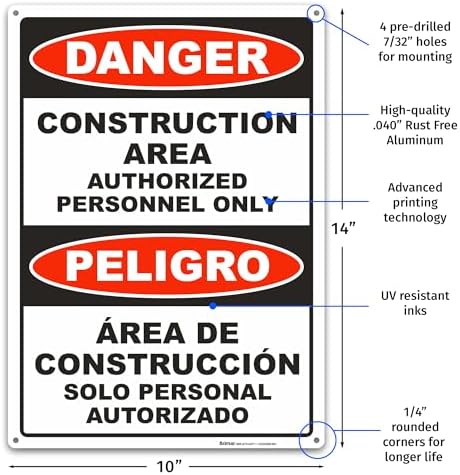 BRIMAR Bilingual Danger Construction Area Authorized Personnel Only Sign