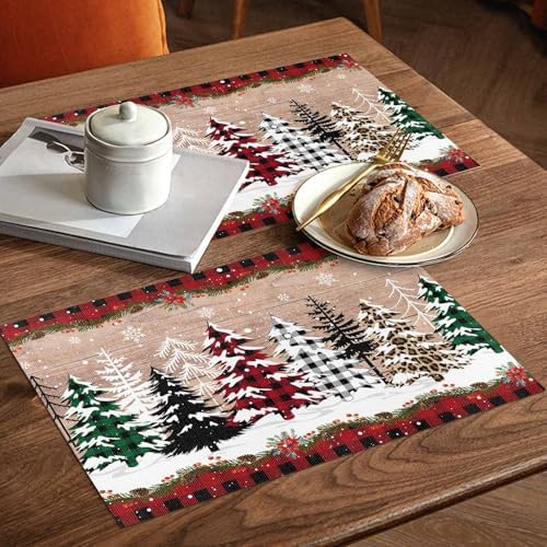 Christmas Tree Placemats Set of 4, Cotton Linen Vintage Wood Grain Table Mats Non-Slip Washable Different Xmas Trees Red Black Buffalo Plaid Placemat for Xmas Dining Kitchen Table Decor