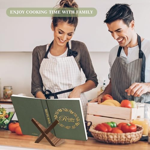 Lanpn A5 Blank Recipe Book Cookbook to Write in Your Own Recipes, Leather Cover Waterproof Empty Cooking Journal for 70 Recipes, Recipe Notebook with Stickers to Organize Your Family Recipes, Green
