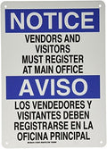 Brady 125076 Bilingual Sign, Legend "Vendors and Visitors Must Register At Main Office", 14" Height, 10" Weight, Black and Blue on White