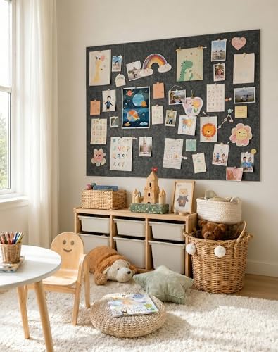 Aothia Felt Bulletin Board Tiles, 12-Pack 48"x36" Large Pin Board for Wall, Modern Cork Board Alternative for Notes, Photos, Memo & Office Organization, 70 Adhesive Tabs & 40 Push Pins, Charcoal Gray