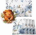 Fall Thanksgiving Placemats Set of 6, Blue White Pumpkin Heat Resistant Washable Dining Table Mats Fall Holiday Farmhouse Decor for Kitchen&Linens Outdoor Indoor, Autumn Flowers Eucalyptus Leaves
