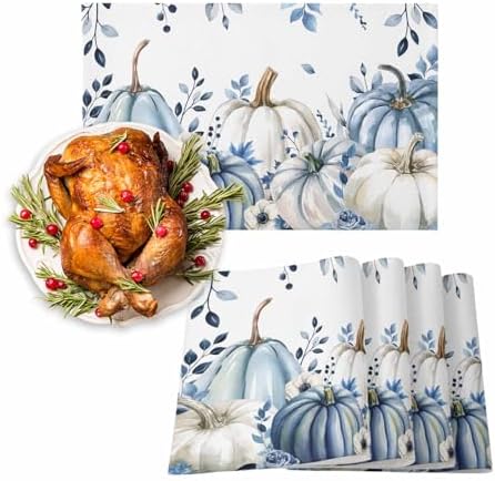 Fall Thanksgiving Placemats Set of 6, Blue White Pumpkin Heat Resistant Washable Dining Table Mats Fall Holiday Farmhouse Decor for Kitchen&Linens Outdoor Indoor, Autumn Flowers Eucalyptus Leaves
