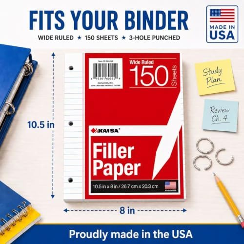Kaisa loose Leaf Paper Filler Paper 1800 Sheets 8"x10.5",Wide Ruled, 3-Hole Punched for 3-Ring Binders, Carton of 12pack