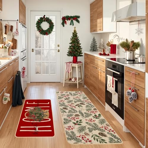 Baccessor Red Christmas Kitchen Rugs Winter Set of 2 17x29 and 17x47 Inch