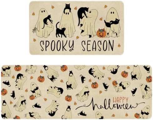 Ghost Black Cat Halloween Kitchen Rugs and Mats Set of 2, (17"x47"+17"x30") Gothic Cute Spooky Season Pumpkin Trick Or Treat Non Skid Washable Runner Rugs for Home Decor Decorations and Accessories