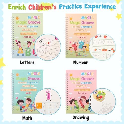 Magic Grooved Writing Practice Books for Kids, Reusable Tracing Workbooks