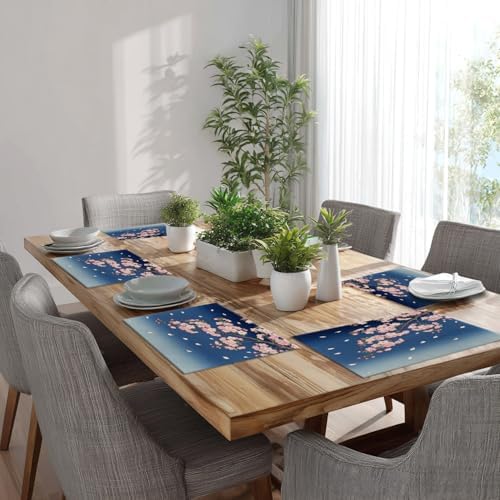 Batmerry Retro Japanese Cherry Blossom Linen Placemats Set of 6, Deep Indigo Flowers Washable Table Mats for Kitchen Table Thickened Heat Insulation Dining Set Indoor Outdoor 12X18 in