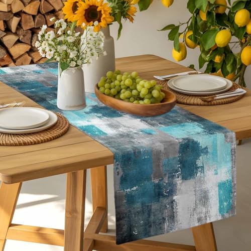 Teal Grey Abstract Art Table Runner Dresser Scarf 13 x 72 Inch Modern Turquoise Color Block Graffiti Table Runners Non-Slip Heat Resistant Kitchen Dining Table Decor for Home Holidays Indoor Outdoor
