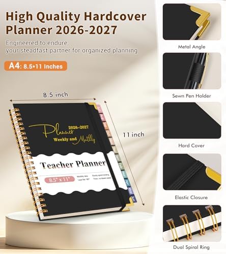 Teacher Planner 2026-2027, July 2026 - June 2027, Academic Weekly & Monthly Calendar Planner with Tabs, 8.5" x 11" A4 Teacher Lesson Plan Book with 7 Periods, Daily Agenda School Organizer for Teacher Student Homeschool, Black