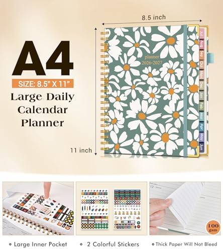 Academic Planner 2026-2027, Hardcover Weekly and Monthly Calendar Planner from July 2026 - June 2027, 8.5" x 11" A4 Large Daily Agenda with Tabs, College School Organizer for Student Teacher, Field of Daisies