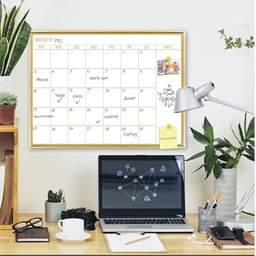 Gold Dry Erase Calendar Whiteboard for wall-20’’x28’’,Portable Aluminum Frame,Magnetic Calendar White Board,Wall Planner Dry Erase Board for Office, Kitchen, School, Home