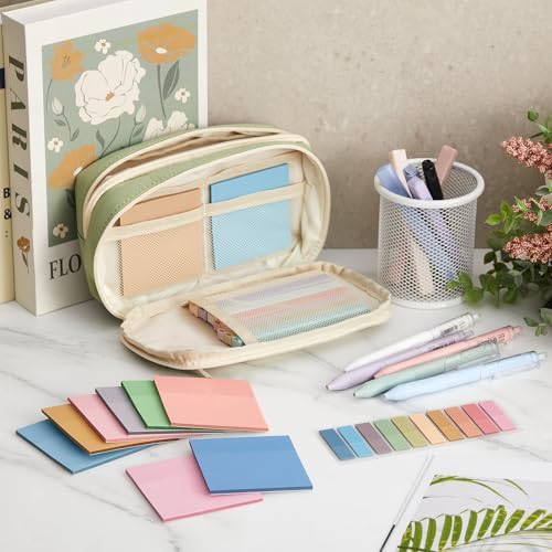 Jutom 39 Pcs Aesthetic Book Annotation Kit Highlighter with Pencil Case Bag Gel Pen Transparent Sticky Note Taking Bible Study College School Supplies (Green,Minimalist Style)