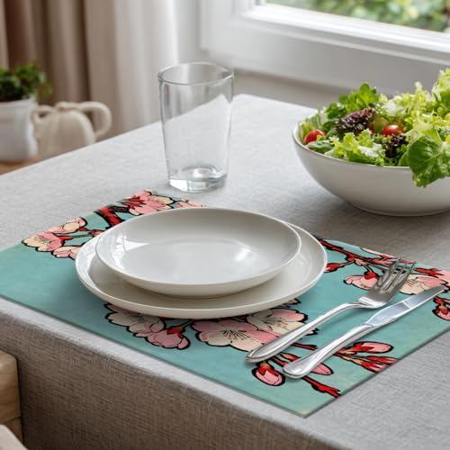Batmerry Shabby Chic Cherry Blossom Linen Placemats Set of 6, Pink Floral Turquoise Background Washable Table Mats for Kitchen Table Thickened Heat Insulation Dining Set Indoor Outdoor 12X18 in