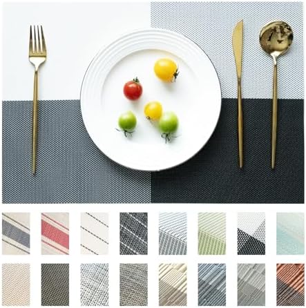 Placemats Set of 12 Vinyl/Plastic Woven Place Mats for Kitchen Table Indoor/Outdoor Washable Placemat Wipeable Dining Table Mats (Grey Grid,12)