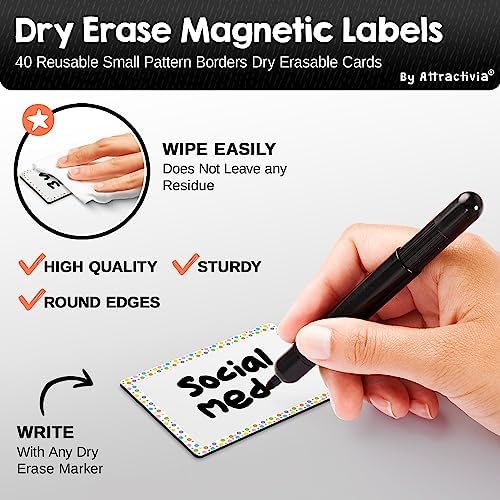 Attractivia Dry Erase Magnetic Labels 2.8 x 1.8 in, Pattern Borders, Small Dry Erase Magnets, 40-Pack, Colored Erasable Write-On All-Purpose Labels, for Office, Education, Home, Whiteboard