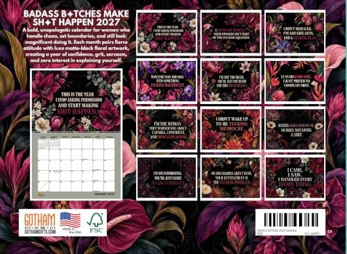 Badass B*tches Funny Floral Quotes Botanical Art 2027 Wall Calendar