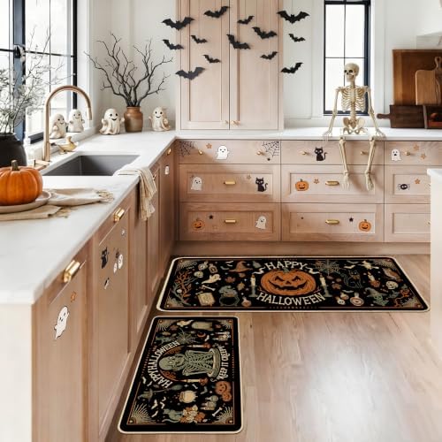 Baccessor Halloween Kitchen Rugs Set of 2, Vintage Skeleton Witch Black Kitchen Mats Low-Profile Non Slip Washable Rugs for Floor Home Decor 17x29 and 17x47 Inch