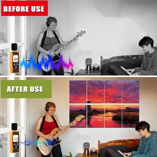 8 Pack Sunset Red Windmill Countryside Landscape Art Acoustic Panels Sound Absorbing Decorative Soundproof Wall Panels Self Adhesive for Recording Studios Office 48"x32"