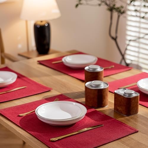 Demetex Placemats Set of 4 Heat Resistant Red Linen Place Mats Wipeable Cloth Placemats for Party Wedding Holiday Dinner, 13 x 19 inches, Wine Red