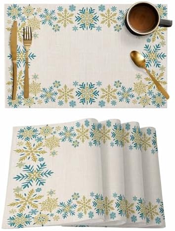 Gold Blue Snowflakes Christmas Placemat 1PC, Winter Xmas Holiday Heat Resistant Washable Table Place Mats Beige Cotton Table Linens Party Holiday Decor for Kitchen Dining Outdoor Indoor