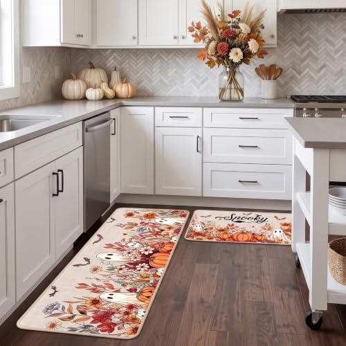 Halloween Kitchen Mats, Pumpkin Ghost Floral Kitchen Rugs