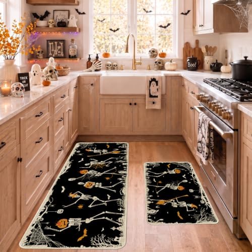 Halloween Kitchen Mat Decor, Skeleton Black Halloween Kitchen Rugs Set of 2