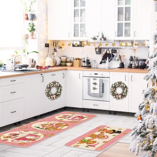 JarThenaAMCS Christmas Kitchen Mats Set of 2 Pink Gingerbread Man Non-Slip Floor Mat Xmas Decorative Rugs for Bathroom Kitchen, 17 x 29 Inch & 17 x 47 Inch