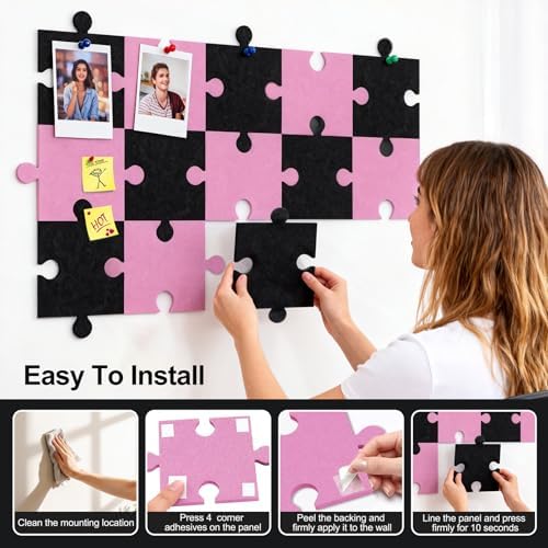 Large Felt Bulletin Board, 16-Pack Cork Board Alternative for Walls Decor, with 60Pushpins, 80Damage-Free Adhesive, DIY Shape Frameless Collage Set for Office, Home, Classroom