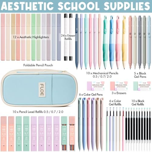 65PCS Aesthetic School Supplies Back to School Supplies Cute Stationary Set | College Essentials Kit with Pencil Case, Pastel Highlighters Gel Pens Mechanical Pencil Set 0.5 0.7 & 2.0mm for Student Girls