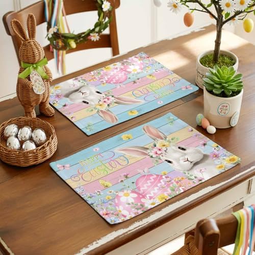 Easter Placemats Set of 6, Bunny Eggs Place Mats Washable Dining Table Mats Spring Holiday Party Decor for Kitchen&Linens Outdoor Indoor, Spring Floral Leaves Carrot Color Wood