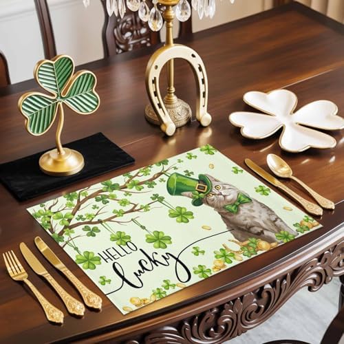 Lucky Cat St. Patrick's Day Placemats Set of 6, Green Spring Shamrocks Tree Heat Resistant Washable Dining Table Mats Spring Holiday Farmhouse Decor for Kitchen&Table Linens Outdoor Indoor