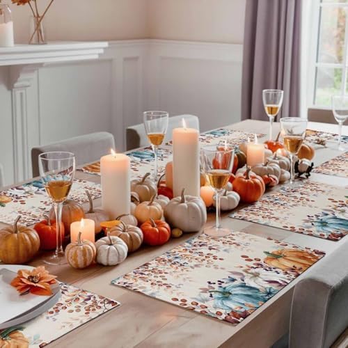Fall Thanksgiving Placemats Set of 6, Watercolor Autumn Pumpkins Eucalyptus Leaves Heat Resistant Washable Linen Table Place Mats Party Holiday Decor for Home Kitchen Dining Outdoor Indoor,Blue Orange