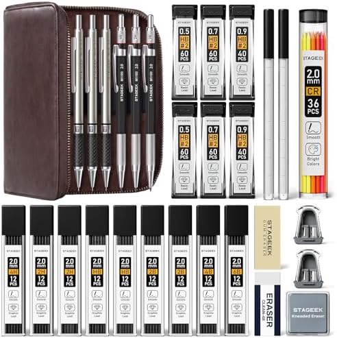 STAGEEK 30PCS Mechanical Pencil Set with Leather Bag, 0.5, 0.7, 0.9 ＆ 2mm | Drawing Pencils with 464PCS Lead Refills (6B 4B 2B HB 2H 4H Color), Erasers, Sharpeners, Artist Pencil for Sketching Drafting