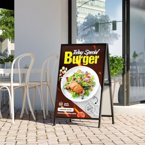 A Frame Sign 24x36 Inch Sandwich Board, Heavy Duty Double-Sided Folding Sidewalk Signboard, Slide-in Steel Metal Frame Sign Display Holder for Outdoor & Indoor Street Poster, Businesses, Advertising