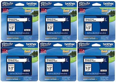 Brother Genuine P-Touch, TZe-231 6 Pack Tape ½” (0.47”) x 26.2 ft. (8m) 6-Pack Laminated P-Touch Tape, Black on White, Perfect for Indoor or Outdoor Use, Water Resistant, TZE2316PKB (TZE231)