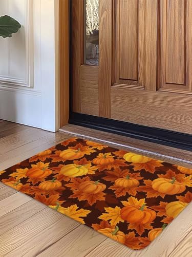 Fall Door Mat Orange Harvest Pumpkin Doormat Autumn Maple Leaf Harvest Thanksgiving Welcome Mat Non Slip Rubber Entryway Front Rug Floor Mat for Indoor Outdoor Kitchen Autumn Holiday Home Decor 20x32