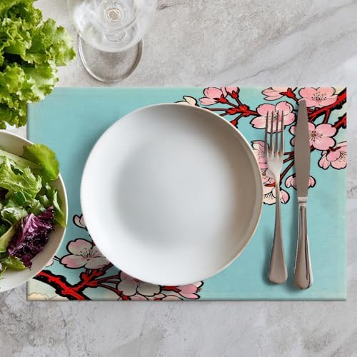 Batmerry Shabby Chic Cherry Blossom Linen Placemats Set of 4, Red Black Cherry Branch Washable Table Mats for Kitchen Table Thickened Heat Insulation Dining Set Indoor Outdoor 12X18 in