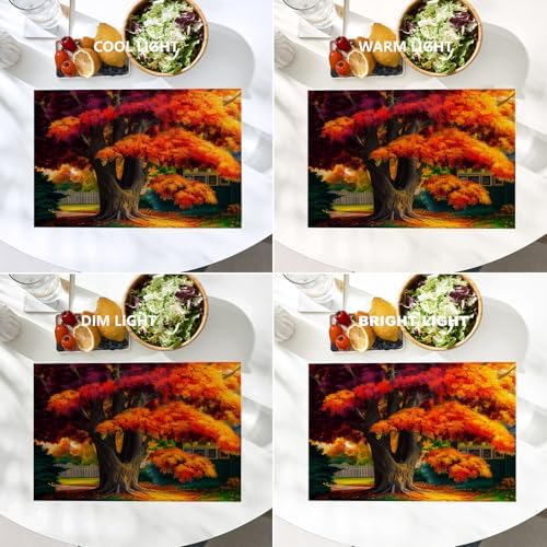 Batmerry Autumn Maple Trees Linen Placemats Set of 4, Fiery Red Leaves Houses Gardens Washable Table Mats for Kitchen Table Thickened Heat Insulation Dining Set Indoor Outdoor 12X18 in