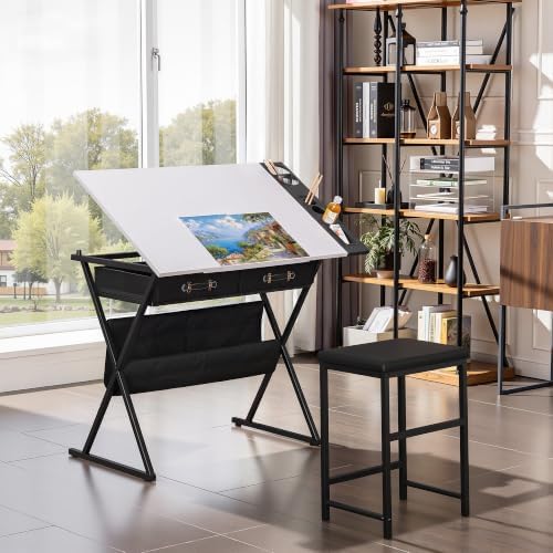 VECELO Drafting Table Art Desk Art Table Adjustable Drawing Table Tilted Tabletop with 2 Storage Drawers and Stool, Drawing Desk for Artist Painters Drawing, Crafting, Reading, Writing, White