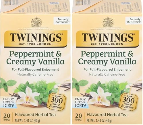 Twinings Peppermint & Creamy Vanilla Herbal Tea Individually Wrapped Bags, 20 Count (Pack of 2), Formerly Buttermint, Naturally Caffeine-Free, Enjoy Hot or Iced