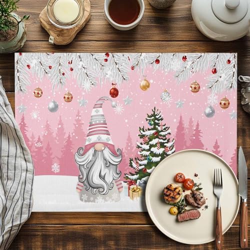 Christmas Gnome Placemats Set of 4, Winter Merry Christmas Tree Balls Heat Resistant Washable Table Place Mats Pink Cotton Table Linens Party Holiday Decor for Kitchen Dining Outdoor Indoor