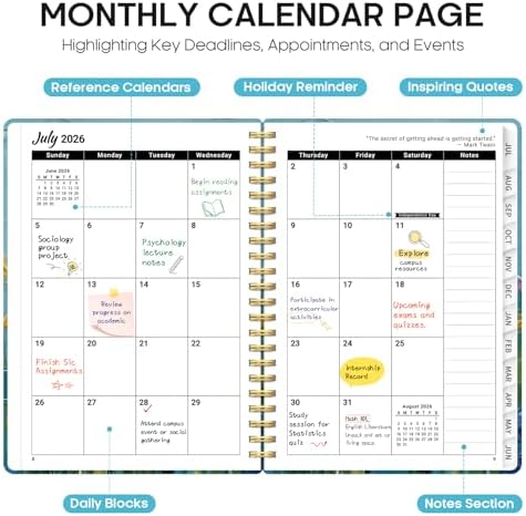 Planner 2026-2027, Jul 2026-Jun 2027 Academic Monthly & Weekly Planner | 6.3" x 8.5" Hardcover Calendar Planner for Women, Spiral Organizer with tabs, School Office Home Supplies, Azure Wildflowers