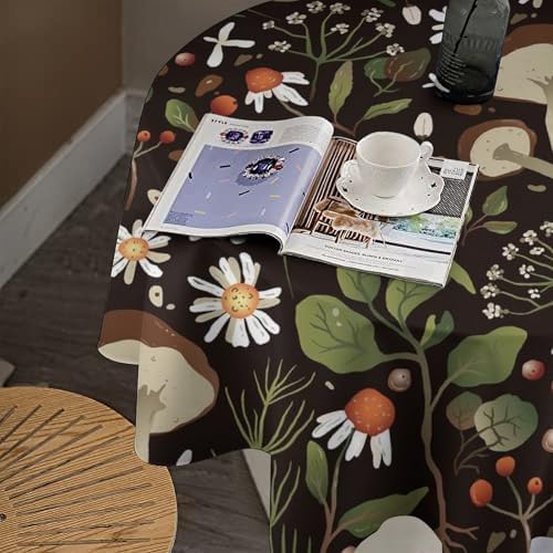 Wild Mushrooms Tablecloth, Rustic Chamomile Flowers Herbs Plants Retro Botanical Mushroom Natural Print Table Cover for Kitchen Dining Room Picnic Camping Indoor Outdoor, 36x36in