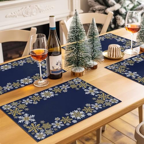 Gold White Snowflakes Christmas Placemat 1PC, Winter Xmas Holiday Heat Resistant Washable Table Place Mats Navy Blue Cotton Table Linens Party Holiday Decor for Kitchen Dining Outdoor Indoor